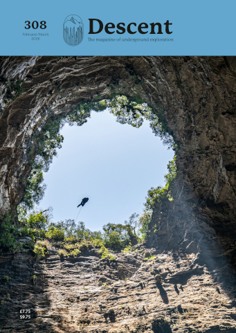 Issue 308 cover: Peter Lord in Sótano de las Golondrinas, Mexico, by Martyn Farr