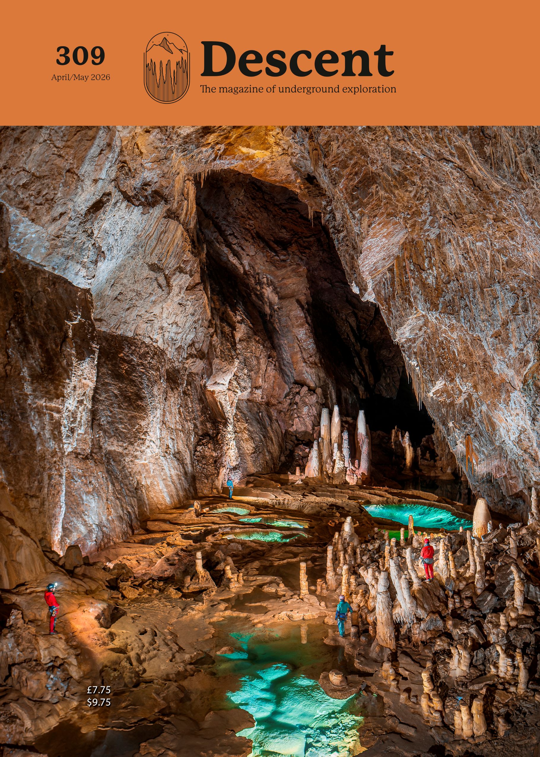 Descent 309 cover: Hall of the Thirteen in the Gouffre Berger, by by Thibault Poinas