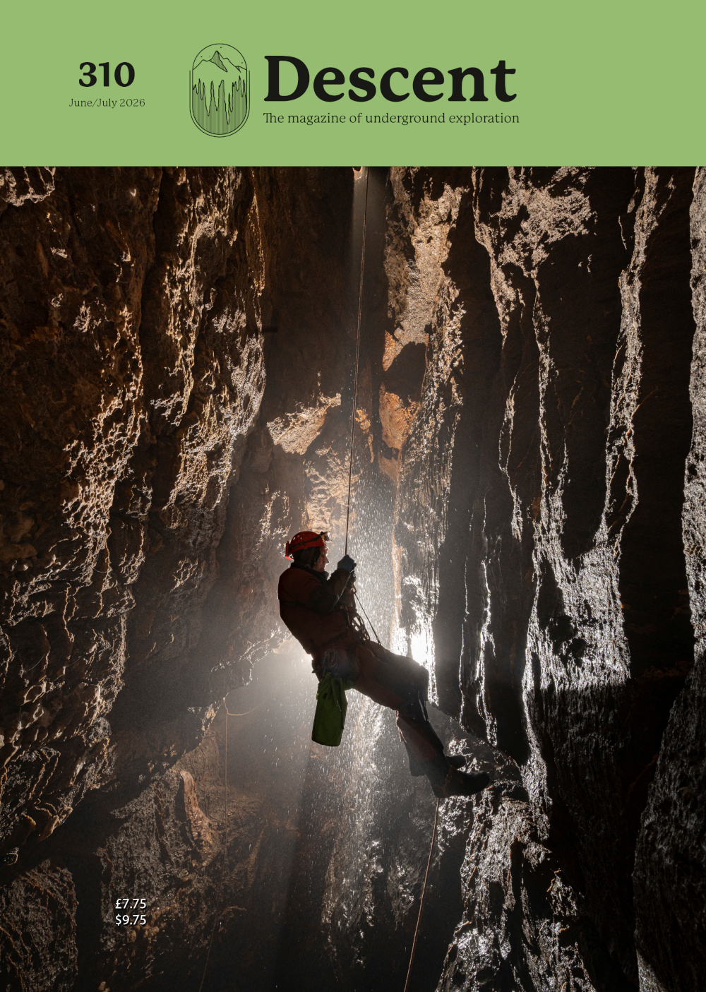 Descent 310 front cover: Mike Wise on the Second Pitch in Longwood Valley Sink, Mendip. Photo: Mark Burkey